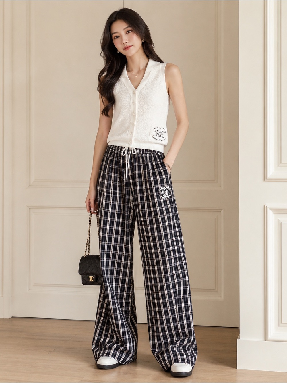 CHANEL White Knit Sleeveless V-Neck Top with Black Plaid Wide-Leg Pants